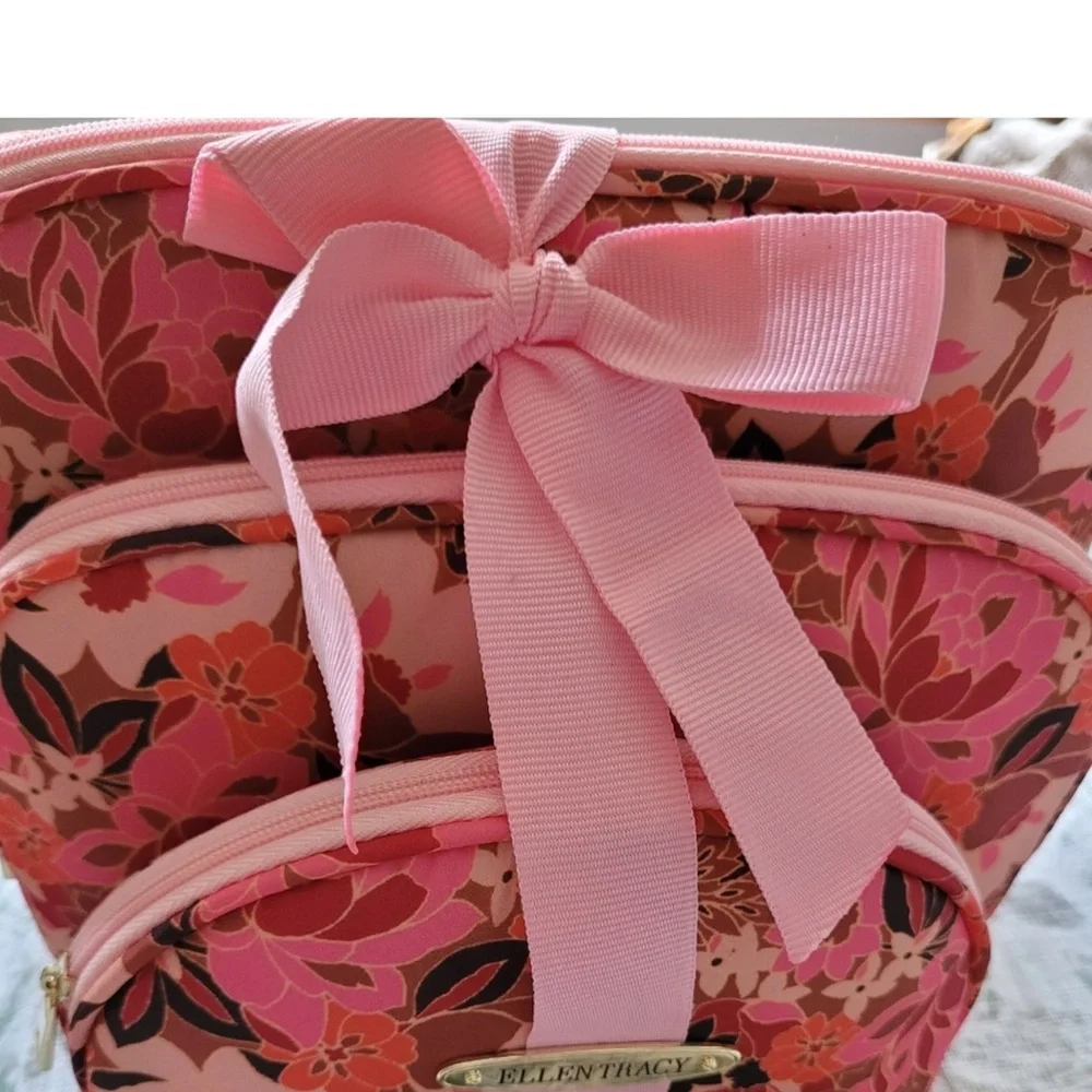 Ellen Tracy Pink Floral Cosmetic Bag Trio